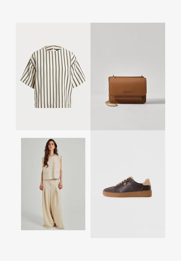 Rövid ujjú, csíkos felső krém és tengerészkék színben, kerek nyakkivágással és dobozos fazonnal, texturált anyagból.; Beige, ujjatlan, cropped felső elöl gombokkal és két zsebbel, magas derekú, széles lábú nadrággal, amely redőzött. Sima anyag.; Sötétbarna bőr és velúr sneaker világosbarna fűzővel és talppal, arany színű logó akcentussal, valamint a talpra debütált "Michael Kors" felirattal.; Barna textúrájú bőr keresztbody táska arany lánc pánttal és fedélzárral. Az elején logó részlet és egy zseb található a fedél alatt.