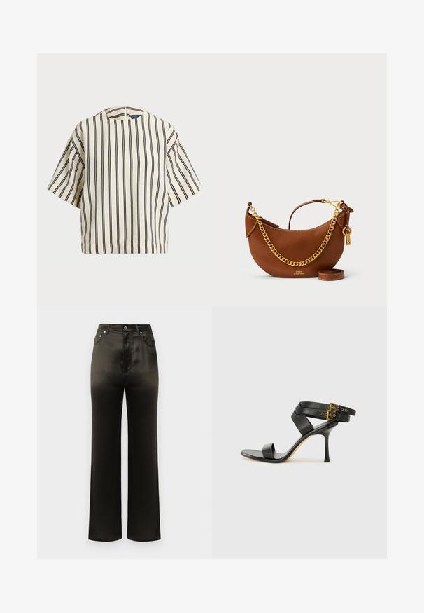 Top de manga curta, riscado em creme e azul marinho, com decote redondo e design boxy em tecido texturizado.; Calças pretas de cetim de perna larga com uma cintura alta, apresentando bolsos frontais e detalhes em botão metálico. Textura suave e design elegante.; Sandal preto de salto alto com tiras cruzadas e fivela ajustável. Apresenta uma textura suave e um salto agulha afilado.; Bolsa de mão de couro castanho com um design curvado, alça de corrente dourada, bolso interior e uma alça de ombro destacável. Apresenta costura em contraste.