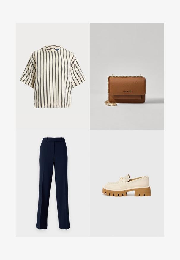 Short-sleeve, striped top in cream and navy, featuring a round neckline and boxy design with a textured fabric.; Navy dress pants made of smooth fabric, featuring a straight leg design, a belt loop waist, and front pleat detailing.; Beige loafers with a textured cream strap, featuring a chunky brown sole with teeth-like patterns. Gold accent on the buckle detail.; Brown textured leather crossbody bag with gold chain strap and flap closure. Front features logo detail and a pocket under the flap.
