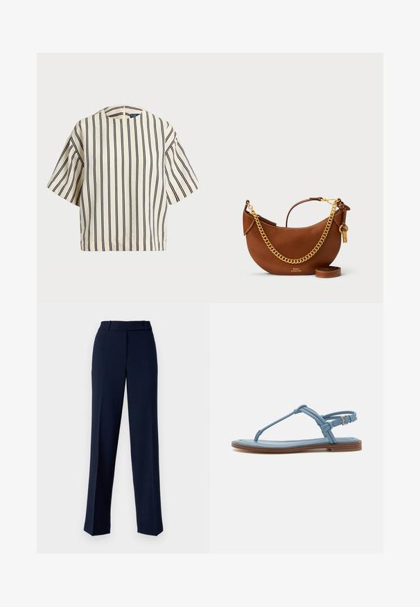 Rövid ujjú, csíkos felső krém és tengerészkék színben, kerek nyakkivágással és dobozos fazonnal, texturált anyagból.; Tengerészkék öltönynadrág sima anyagból, egyenes szabású kialakítással, övhurkos derékkal és elöl redőzött részletekkel.; Kék bőr pántos szandál lapos talppal, vékony pánt dizájnnal és csatos záródással a bokán a biztos illeszkedés érdekében.; Barna bőr kézi táska íves kialakítással, arany lánc pánttal, belső zsebbel és leválasztható vállpánttal. Kontrasztos varrás jellemzi.