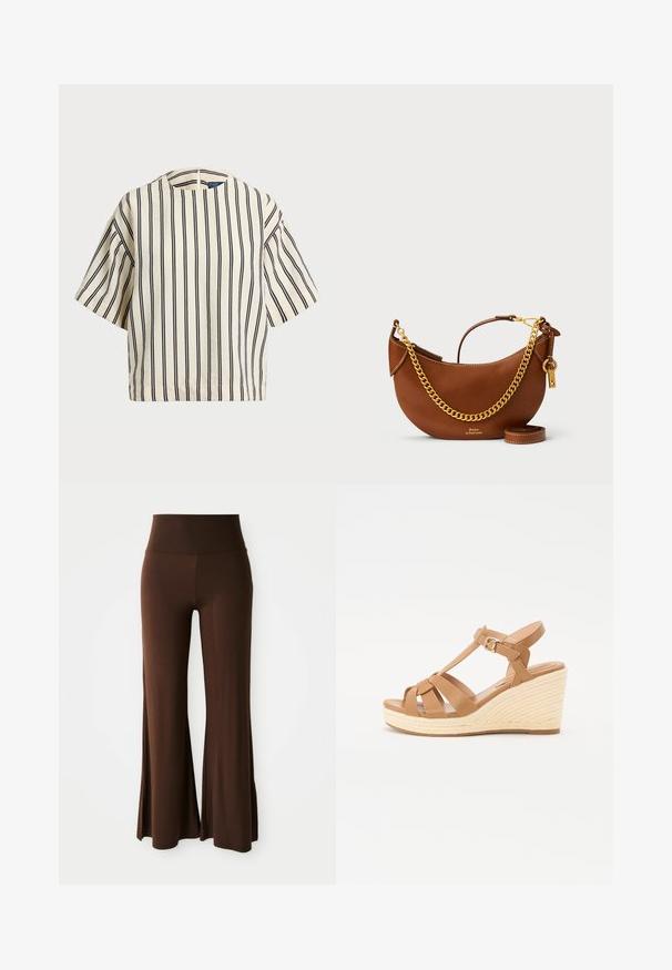 Kurzärmliges, gestreiftes Oberteil in Creme und Marineblau, mit rundem Halsausschnitt und kastiger Form aus strukturiertem Stoff.; Hoch taillierte, weit geschnittene braune Hose mit glatter Textur, entworfen für einen lockeren Sitz und angenehmen Tragekomfort.; Braune Keil-Sandalen mit einem Kreuzriemen-Design, verstellbarem Knöchelriemen und einer strukturierten, gewebten Espadrille-ähnlichen Keilsohle.; Braune Lederhandtasche mit geschwungenem Design, goldener Kettenriemen, Innentasche und abnehmbarem Schulterriemen. Mit kontrastierenden Nähten.