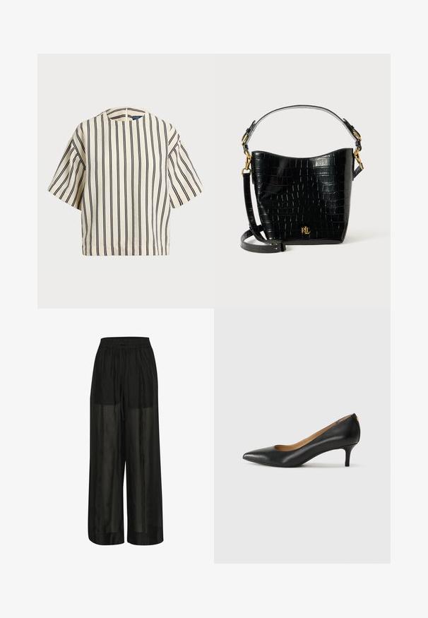 Korte mouwen, gestreepte top in crème en marineblauw, met een ronde halslijn en een boxy ontwerp van een textuurstof.; Zwarte broek met wijde pijpen van doorschijnende stof, met een elastische tailleband en een trekkoord voor een verstelbare pasvorm en een soepele textuur.; Zwarte leren pump met een puntige teen, lage hak en een gladde textuur. Heeft een lichte opening aan de voorkant en minimale hardware aan de achterkant.; Zwarte croco-embossed leren tas met een gebogen ontwerp, gouden hardware-accenten, een verstelbare schouderriem en een logo-detail aan de voorkant.