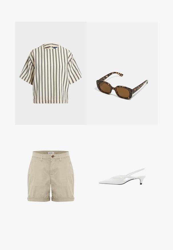 Short-sleeve, striped top in cream and navy, featuring a round neckline and boxy design with a textured fabric.; Beige cotton shorts with a rolled hem, featuring a front button closure and stitched pockets. Smooth texture with minimal detailing.; White slingback heel with pointed toe, featuring a smooth upper, subtle cutouts, and a low block heel. Black sole accentuates design.; Tortoiseshell sunglasses with a rounded, chunky frame and brown lenses. Features subtle patterns and straight, tapered arms.; Tan leather handbag with double handles and a detachable shoulder strap. Features a gold-tone clasp and textured surface.