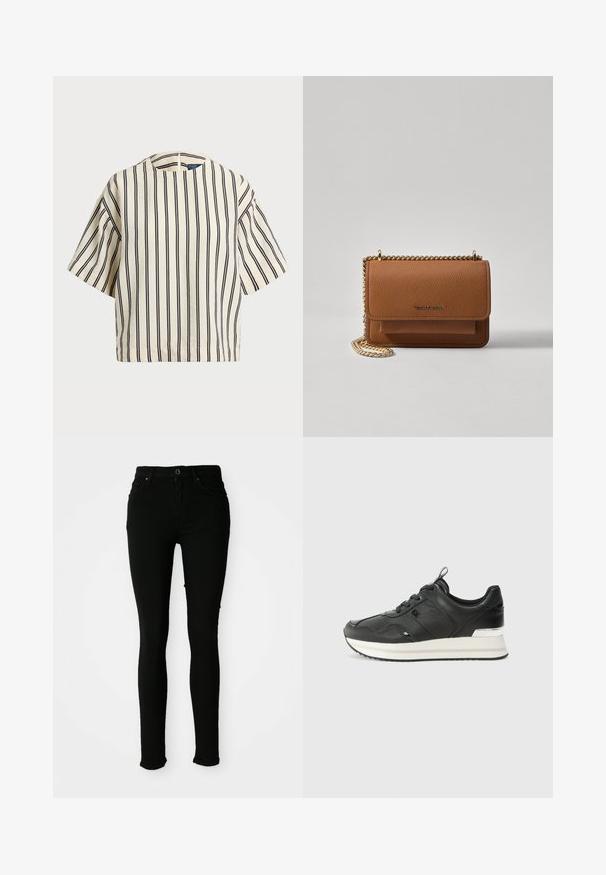 Rövid ujjú, csíkos felső krém és tengerészkék színben, kerek nyakkivágással és dobozos fazonnal, texturált anyagból.; Fekete slim fit farmernadrág sima textúrával, gombbal záródik, övrésszel rendelkezik, és nem látható rajta kopás.; Fekete bőr sneaker sima felülettel, kerek orral, elöl fűzéssel, valamint fehér és ezüst díszítéssel a talpon.; Barna textúrájú bőr keresztbody táska arany lánc pánttal és fedélzárral. Az elején logó részlet és egy zseb található a fedél alatt.