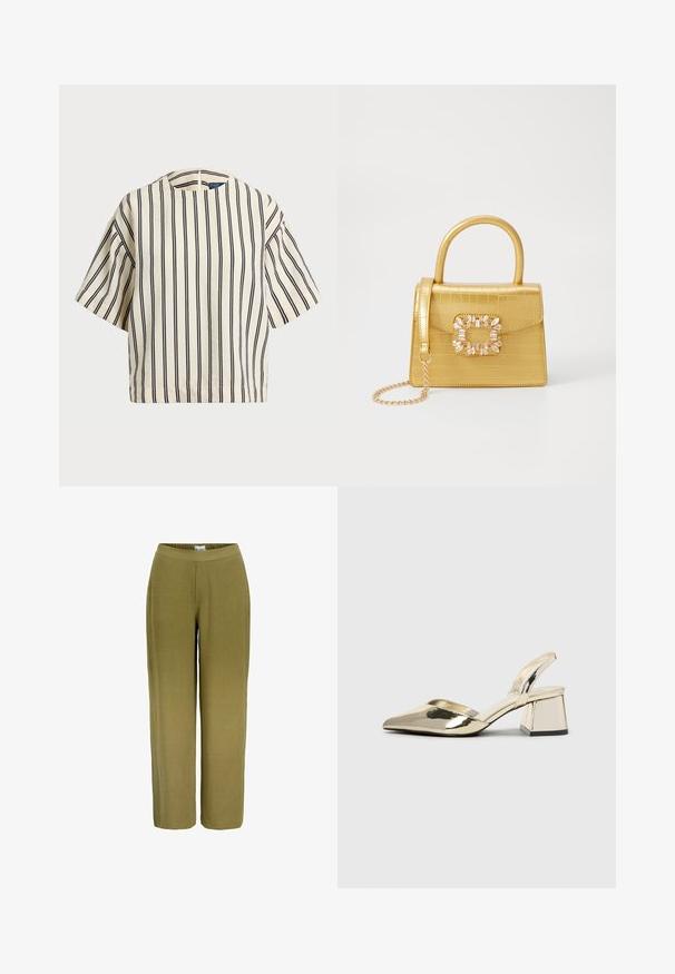 Short-sleeve, striped top in cream and navy, featuring a round neckline and boxy design with a textured fabric.; Wide-leg trousers in olive green. Made of a textured fabric with an elastic waistband, featuring a smooth finish and no visible hardware.; Gold, metallic slingback heels with a pointed toe and chunky heel. Smooth texture, minimalistic design, and a narrow strap.; Yellow faux-crocodile handbag with a structured design, top handle, detachable chain strap, and decorative crystal embellishment on the clasp.; Gold-tone earrings featuring textured, wavy shapes. Includes sculptural clip-on studs and open hoop design with a hammered finish.