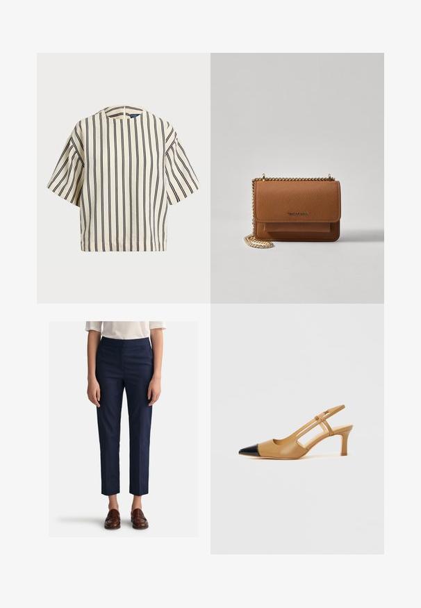 T-skjorte med korte ermer, stripet i kremfarge og marineblå, med rund hals og en boxy design i en strukturert stoff.; Marine bukser med lige snit, lavet af glat stof, med flad front og sidelommer. Sat sammen med brune loafers.; Brune slingback hæler med spisser i sort tåhette, med utskårne sider og en middels høy blokkhæl. Mykt skinnmateriale.; Brun teksturert lær crossover-veske med gullkjede-stropp og klaffelukking. Fronten har logo-detalj og en lomme under klaffen.
