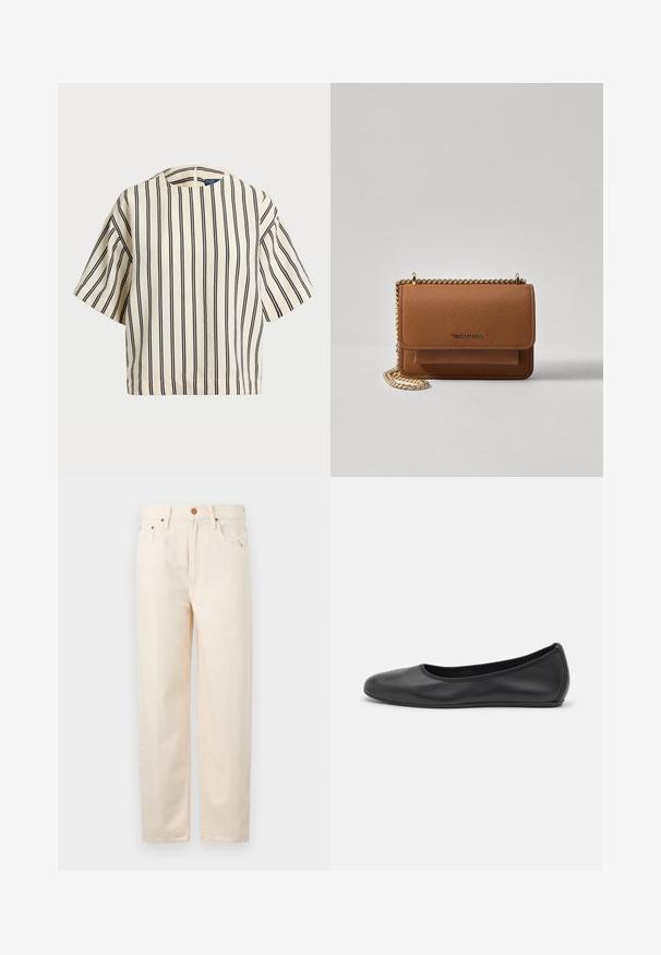 Top de manga curta, riscado em creme e azul marinho, com decote redondo e design boxy em tecido texturizado.; Jeans de cintura alta bege feitos de algodão. Apresentam cinco bolsos, fecho com botão e zíper, pernas retas e um detalhe de costura discreto.; Bailarina preta em pele com bico arredondado, textura suave, detalhe de costura minimalista e design de sola flexível.; Bolsa crossbody de couro texturizado castanho com alça de corrente dourada e fecho com aba. A parte da frente apresenta detalhe do logótipo e um bolso sob a aba.