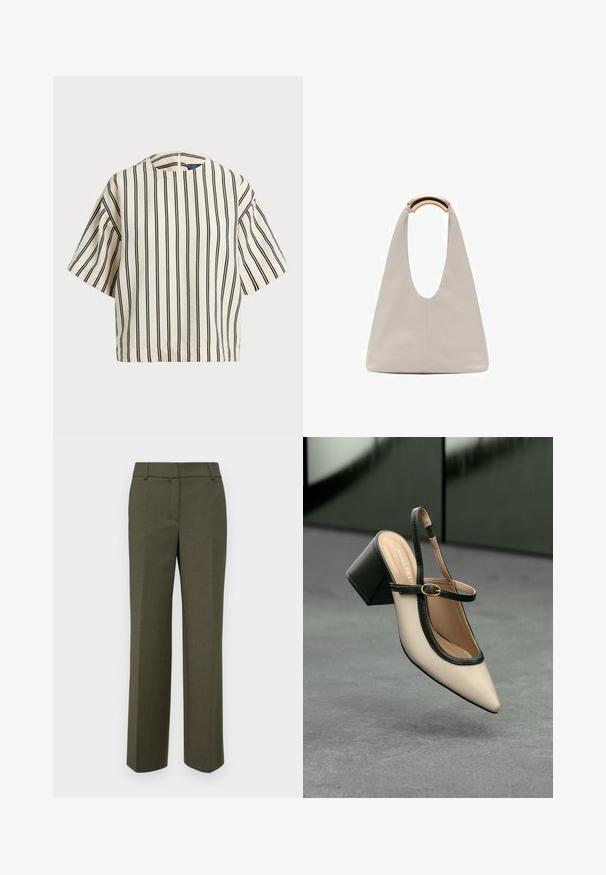 Krátky rukáv, pruhovaný top v krémovej a námorníckej modrej farbe, s okrúhlym výstrihom a štvorcovým strihom z texturovanej tkaniny.; Olivovo zelené klasické nohavice vyrobené z textúrovaného látky. Majú rovný strih s plochým predným dielom a bez viditeľných ozdôb.; Béžová lodička so špicatou špičkou, s čiernym lemom, zlatou prackou a robustným blokovým podpätkom na šedom podlahe s tmavozeleným pozadím.; Svetlosivá kožená taška s U-tvarom a zakrivenou kovovou rukoväťou. Hladký povrch s minimálnym prešívaním a bez viditeľných vzorov.