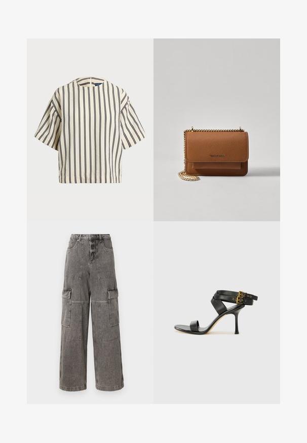 Kreemjas ja tumesinises triibuline lühikeste varrukatega top, millel on ümmargune kaelus ja kastmine disain, valmistatud tekstuurses kangas.; Hallide püksid hallist denimist, laia säärega, mitmete esikottidega, tugevdatud õmblustega ja kõrge vöökohaga disainiga.; Mustad mustand koos ristatud rihmade ja reguleeritava pandlaga. Omab siledat tekstuuri ja kitsenevat stiletto kontsa.; Pruun tekstureeritud nahk ristkeha kott kuldse ahelaga rihmaga ja klapiga sulgemine. Esiküljel on logo detail ja tasku klapi all.