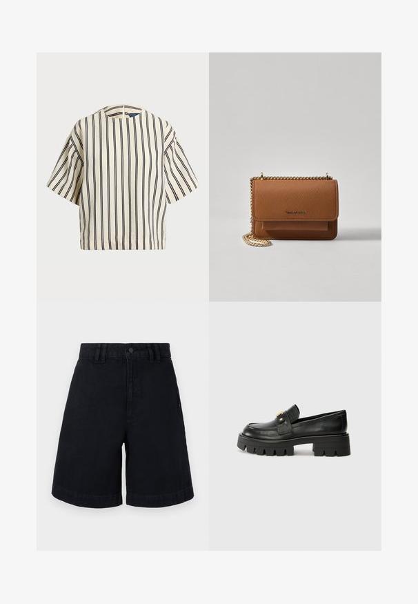 Kurzärmliges, gestreiftes Oberteil in Creme und Marineblau, mit rundem Halsausschnitt und kastiger Form aus strukturiertem Stoff.; Schwarze Denim-Shorts im geraden Schnitt mit Knopfverschluss, Gürtelschlaufen und umgeschlagenen Säumen. Glatte Textur mit dezenten Nähten.; Schwarze Lederloafers mit einer klobigen Sohle, die an der Vorderseite ein goldfarbenes Akzent und eine glatte Oberfläche aufweisen. Klobiges Profil-Design auf der Sohle.; Braune strukturierte Ledertasche mit goldener Kettenriemen und Klappenverschluss. Die Vorderseite zeigt ein Logo-Detail und eine Tasche unter der Klappe.
