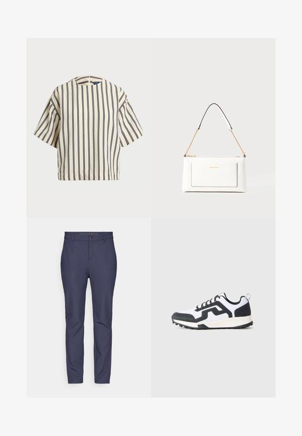 Rövid ujjú, csíkos felső krém és tengerészkék színben, kerek nyakkivágással és dobozos fazonnal, texturált anyagból.; Sötétkék sztreccs anyagú nadrág, sima textúrával, amely standard derékrésszel és gombos záródással rendelkezik, valamint tapered szabású lábakkal.; Fehér és fekete, alacsony szárú utcai cipő, mintázott gumitalppal és cikk-cakk mintával az oldalán, az oldaláról látható, sima háttéren.; Fehér bőr kézitáska, texturált felülettel, arany lánccal és fekete részletekkel. Elülső zsebbel és cipzáros zárással rendelkezik.