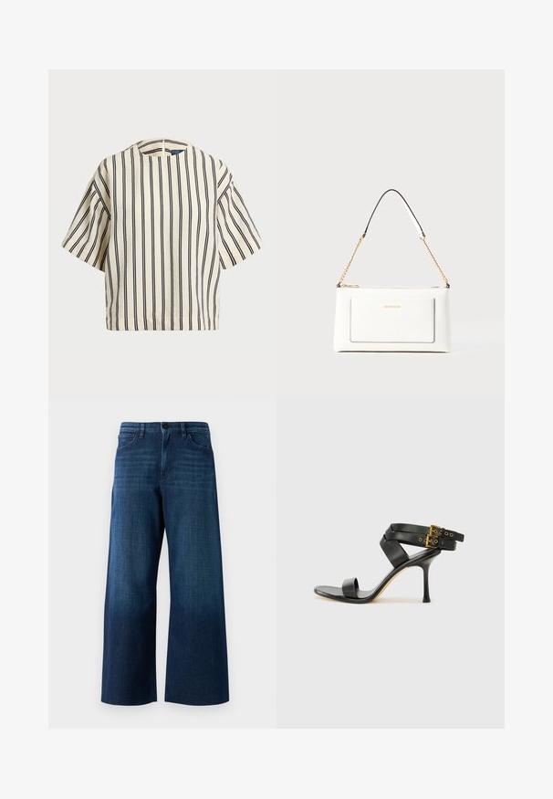 Kortärmad randig topp i krämfärgad och marinblå, med rund halsringning och fyrkantig design i en texturerad tyg.; Breda ben mörkblå denimjeans med framknapp, bältesöglor och klassisk femfickdesign på enfärgad bakgrund.; Svart klack-sandal med korsade remmar och justerbar spänne. Har en slät textur och en taperad stilettklack.; Vit läderhandväska med texturerad yta, med guldkedjeslinga och svarta accenter. Inkluderar en framsida ficka och dragkedjestängning.
