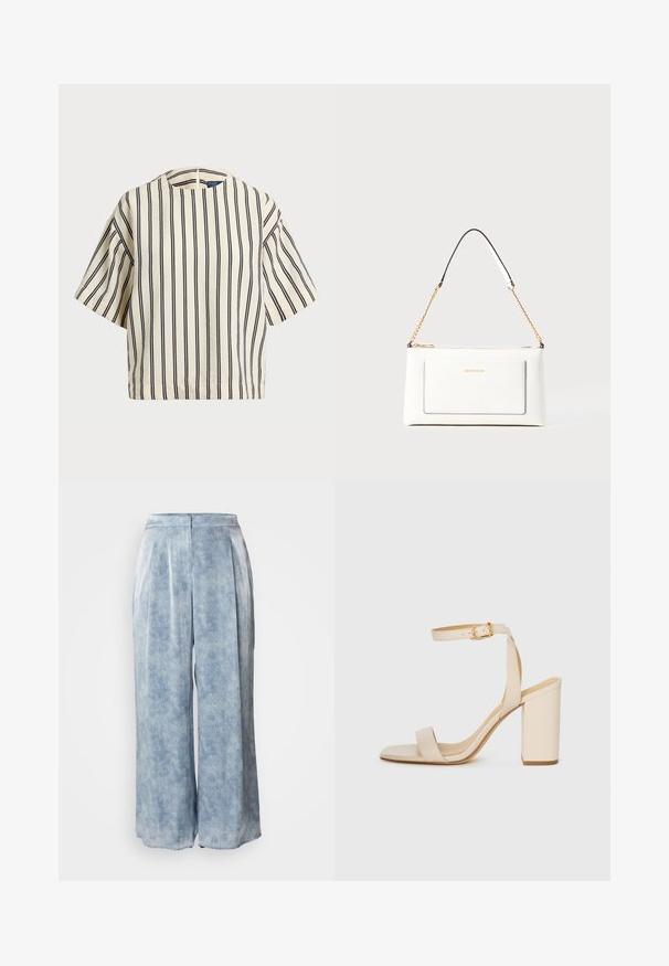 T-skjorte med korte ermer, stripet i kremfarge og marineblå, med rund hals og en boxy design i en strukturert stoff.; Lyseblå vide bukser med et struktureret mønster, der har vertikale folder og en glat overflade. Skræddersyet talje for en afslappet pasform.; Beige høyhælte sandaler med firkantet tå, tynn ankelrem og blokk hæl. Glatt skinntekstur med gullspenne detaljer.; Hvit lærveske med teksturert overflate, utstyrt med gullkjede for å bære over skulderen og svarte detaljer. Inkluderer en frontlomme og glidelås.