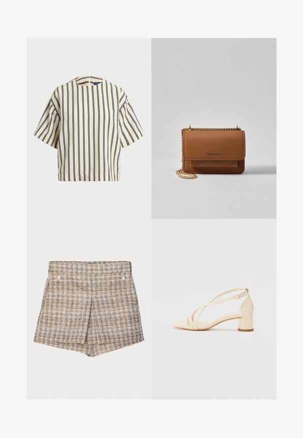 Rövid ujjú, csíkos felső krém és tengerészkék színben, kerek nyakkivágással és dobozos fazonnal, texturált anyagból.; Barna kockás, szőtt rövidnadrág, texturált felülettel, elöl két ezüst színű patentgombbal és szabott, struktúrált formával.; Krémszínű, blokk sarkú szandálok, pántos kialakítással és állítható bokapánttal, sima szintetikus anyagból, matt felülettel.; Barna textúrájú bőr keresztbody táska arany lánc pánttal és fedélzárral. Az elején logó részlet és egy zseb található a fedél alatt.