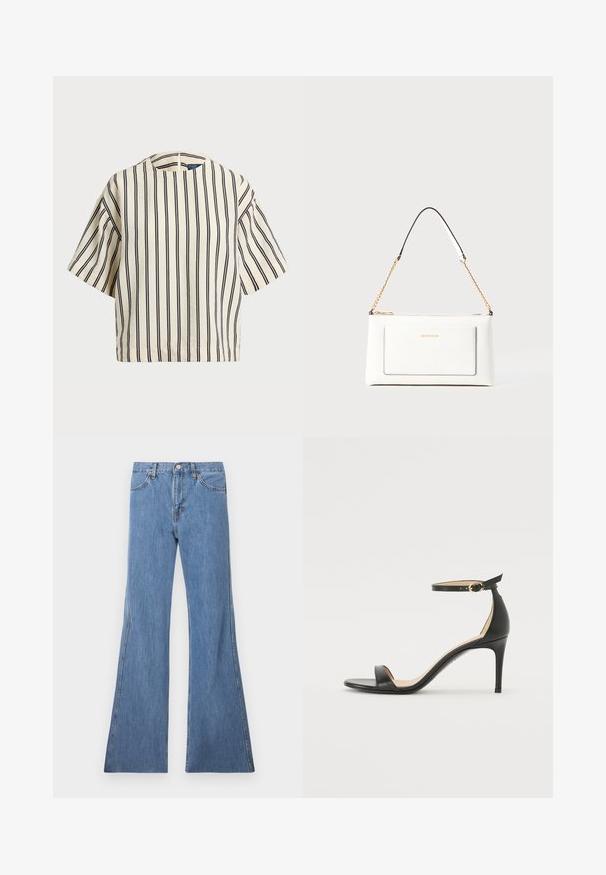 Top a maniche corte a righe in crema e blu navy, con scollatura rotonda e design squadrato, realizzato in un tessuto texturizzato.; Jeans svasati in denim azzurro chiaro con vita alta, dotati di un classico design a cinque tasche e cuciture a contrasto lungo le cuciture.; Sandal in pelle nera con tacco alto e cinturino alla caviglia. Caratteristiche: texture liscia, punta aperta e tacco sottile. Dettaglio con fibbia tono oro.; Borsa a tracolla bianca in pelle con un finish testurizzato, dotata di una tracolla in catena dorata e accenti neri. Include una tasca frontale e una chiusura con zip.
