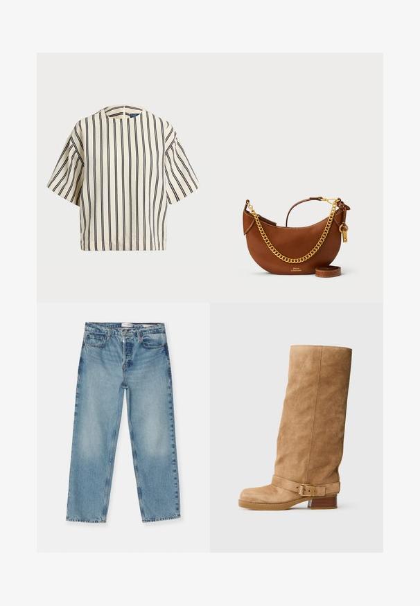 Top a maniche corte a righe in crema e blu navy, con scollatura rotonda e design squadrato, realizzato in un tessuto texturizzato.; Jeans dritti blu chiaro con una finitura sbiadita, dotati di cinque tasche, passanti per la cintura e chiusura con zip. Materiale in denim di cotone.; Stivale medio in suede color tan con tacco basso e impilato, punta arrotondata e una cinghia regolabile con una fibbia dorata intorno alla caviglia.; Borsa a mano in pelle marrone con un design curvo, tracolla in catena dorata, tasca interna e tracolla rimovibile. Presenta cuciture a contrasto.