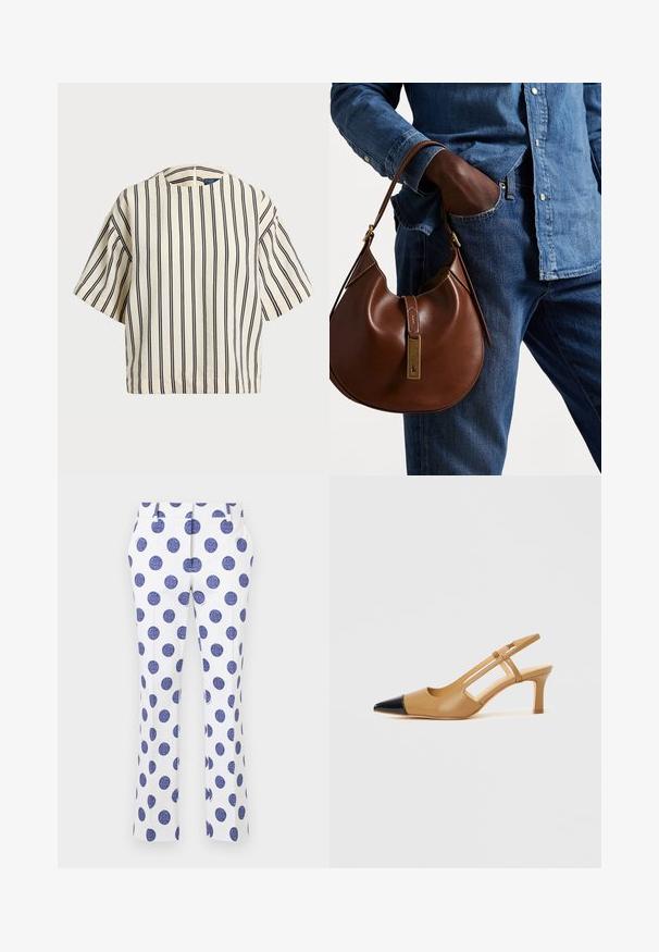 Lyhythihainen, raidallinen paita kirkas- ja tummansinisen sävyissä, jossa on pyöreä pääntie ja laatikkomainen muotoilu tekstuuritetussa kankaassa.; Valkoiset housut, joissa on suuret siniset pilkut, litteällä etuosalla, kaksi sivutaskua ja suora lahje. Sileä kangas.; Ruskeat slingback-kiilakorot, joissa on musta, terävä kärki, sivuilta avoimet leikkaukset ja keskikorkea lohkokorko. Sileä nahkamateriaali.; Ruskea nahkainen hobo laukku pyöreällä muotoilulla, jossa on kultaiset yksityiskohdat ja kontrastiväriommeltu. Yhdistetty farkkupaitaan ja farkkuihin.