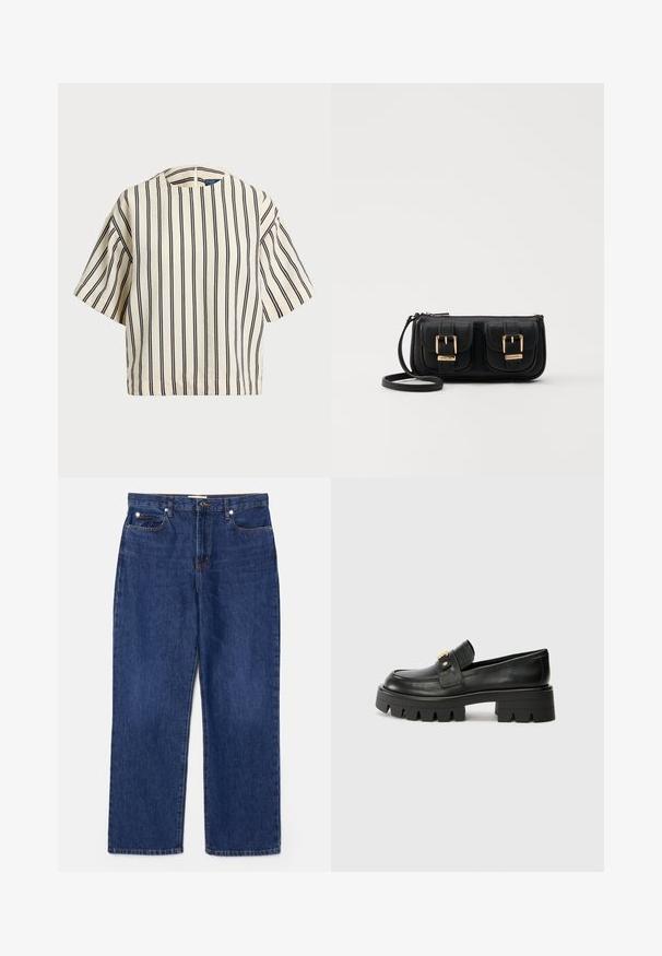 Kortærmet, stribet top i creme og marineblå, med rund halsudskæring og boxy design i et tekstureret stof.; Mørkeblå denimjeans med højt liv, lige ben-design, fem lommer og sølvfarvet hardware. Har diskret lysepletter og syede sømme.; Sorte læder loafers med en kraftig sål, prydet med en guldfarvet detalje på fronten og en glat finish. Kraftigt mønster designet på sålen.; Sort læder crossbody taske med to frontlommer, guldspænder, lynlåslukning og en slank rem. Struktureret overflade og kompakt rektangulær form.