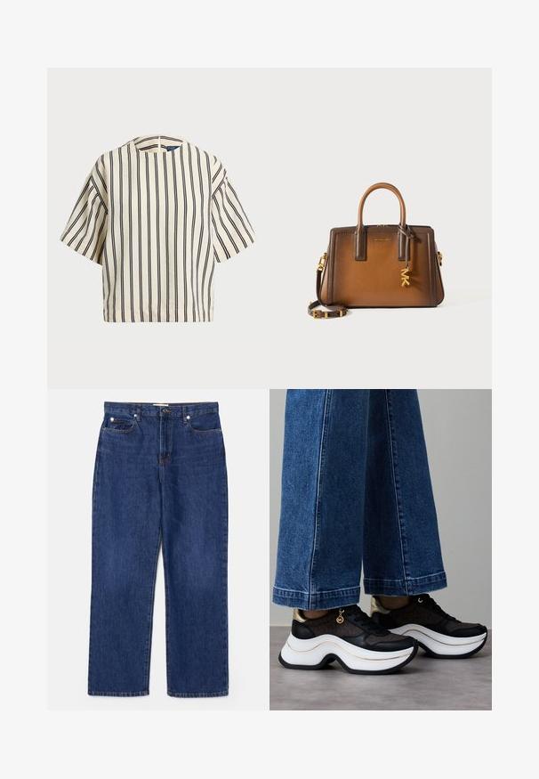 Top de manga curta, riscado em creme e azul marinho, com decote redondo e design boxy em tecido texturizado.; Jeans de denim azul escuro com cintura alta, design de perna reta, cinco bolsos e ferragens prateadas. Apresenta desvanecimento suave e costuras alinhadas.; Ténis pretos e dourados com sola branca curva. Tecido texturizado com detalhes do logótipo. Combinados com calças largas de ganga azul.; Bolsa de couro castanho com alças duplas superiores, uma alça de ombro destacável, acessórios em dourado e um charme decorativo com as letras "MK."