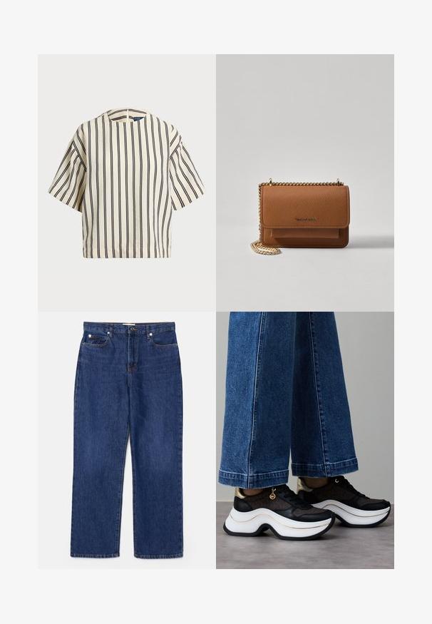 T-skjorte med korte ermer, stripet i kremfarge og marineblå, med rund hals og en boxy design i en strukturert stoff.; Mørkeblå denimjeans med høy midje, rette ben, fem lommer og sølvdetaljer. Har subtil falming og broderte sømmer.; Svarte og gullfargede sneakers med buet hvit såle. Strukturert stoff med logodetaljer. Kombinert med vide blå denimbukser.; Brun teksturert lær crossover-veske med gullkjede-stropp og klaffelukking. Fronten har logo-detalj og en lomme under klaffen.