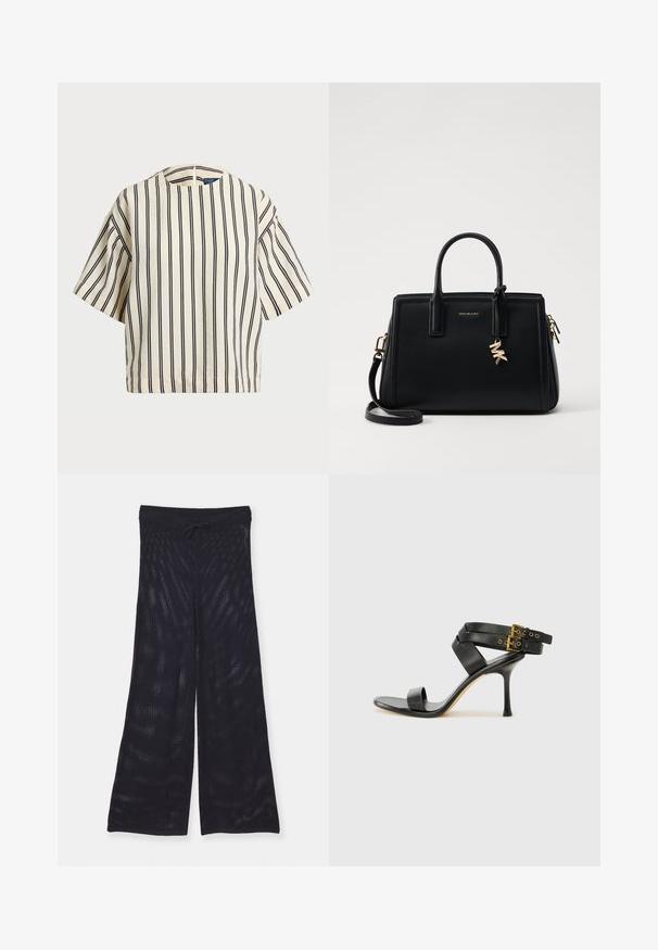Kortærmet, stribet top i creme og marineblå, med rund halsudskæring og boxy design i et tekstureret stof.; Sorte, løstsiddende bukser med vidde fremstillet af et åndbart mesh-stof. Har en elastisk talje med snøre til justering.; Sort hæl-sandal med krydsede stropper og justerbar spænde. Har en glat overflade og spids stilettohæl.; Sort læder håndtaske med struktureret design, dobbelt top håndtag, aftageligt skulderrem, guld hardware og en logo charme accent.