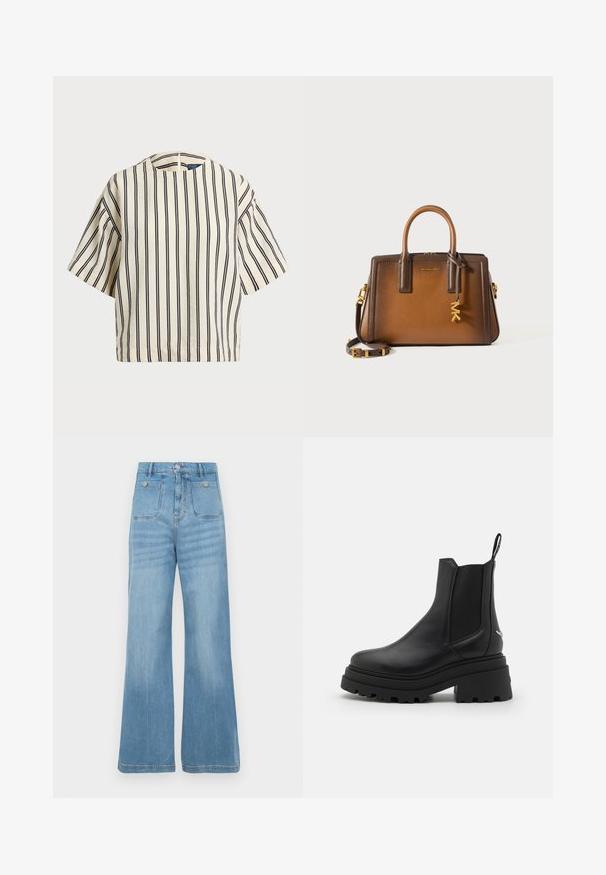Short-sleeve, striped top in cream and navy, featuring a round neckline and boxy design with a textured fabric.; Light blue denim jeans with a wide-leg design, featuring two front pockets and two back pockets, finished with a raw hem and button closure.; Black chelsea boots made of smooth leather with elastic side panels, a thick, ridged rubber sole, and a pull tab at the back.; Brown leather handbag featuring dual top handles, a detachable shoulder strap, gold hardware, and a decorative charm with the letters "MK."