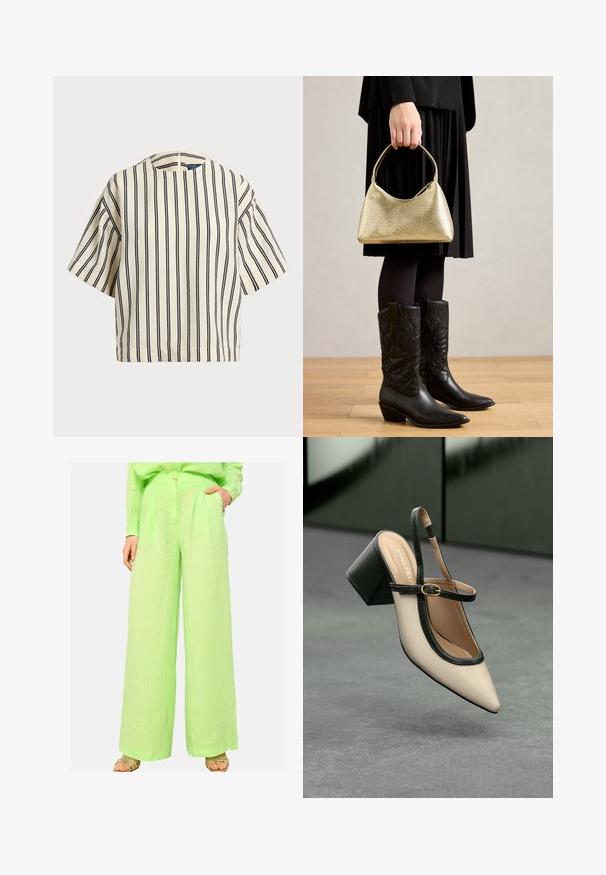 Korte mouwen, gestreepte top in crème en marineblauw, met een ronde halslijn en een boxy ontwerp van een textuurstof.; Lichtgroene, wijde linnen broek met een sluiting vooraan met knopen en zijzakken, met een zachte, textuurachtige afwerking.; Beige puntige slingback schoen met zwarte rand, gouden gesp en een chunky blokhak op een grijze vloer met een donker groene achtergrond.; Gouden handtas met een gebogen vorm en korte handgreep, vastgehouden door een persoon die een zwarte geplooide rok en zwarte leren cowboylaarzen draagt.