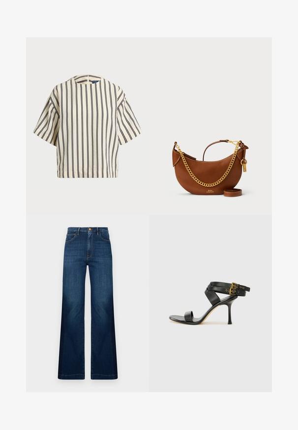 Kratek rokav, prugast top v kremni in mornarsko modri barvi, z okroglim izrezom in kvadratnim dizajnom ter teksturirano tkanino.; Široke temno modre kavbojke iz denima, z visokim pasom, sprednjimi žepi in kontrastnimi oranžnimi šivi.; Črne sandale na peto z križnimi trakovi in prilagodljivo zaponko. Imajo gladko teksturo in zožen peto.; Rjava usnjena torbica s ukrivljenim dizajnom, zlatim verižnim trakom, notranjim žepom in snemljivim ramenskim trakom. Ima kontrastno šivanje.