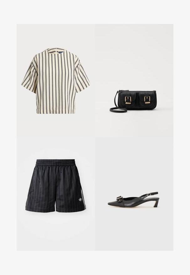 T-skjorte med korte ermer, stripet i kremfarge og marineblå, med rund hals og en boxy design i en strukturert stoff.; Svarte sports-skjørter med hvite vertikale striper, elastisk midjebånd og side lommer. Har merkevaren logo i hvitt nederst til venstre.; Svarte skinn slingback-sko med spiss tå, liten hæl og dekorativ spenne-detalj på overdelen. Glatt tekstur, minimalistisk design.; Svart skinn crossbody veske med to frontlommer, gyldne spenner, glidelåslukking og en slank stropp. Teksturert overflate og kompakt rektangulær form.