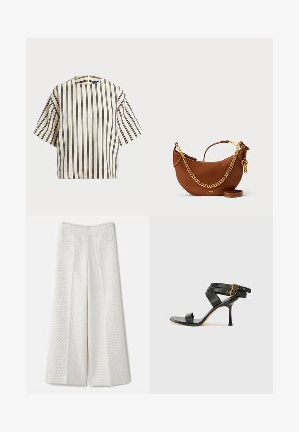Rövid ujjú, csíkos felső krém és tengerészkék színben, kerek nyakkivágással és dobozos fazonnal, texturált anyagból.; sandro PANTALON - Nadrágok - ecru; Fekete magassarkú szandál keresztpántos dizájnnal és állítható csattal. Simább felülettel és hegyes tűsarkúval rendelkezik.; Barna bőr kézi táska íves kialakítással, arany lánc pánttal, belső zsebbel és leválasztható vállpánttal. Kontrasztos varrás jellemzi.