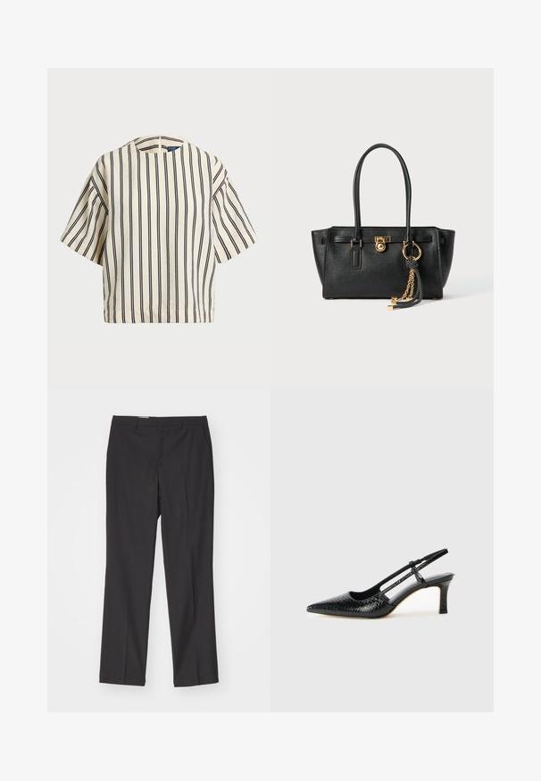 Kreemjas ja tumesinises triibuline lühikeste varrukatega top, millel on ümmargune kaelus ja kastmine disain, valmistatud tekstuurses kangas.; Mustad ülikondpüksid sirge jala lõikega, featuring vööloopidega ja siledast tekstuurist, valmistatud kergest kangast.; Mustmust paelad, millel on terav varvas, tekstuuriga maduprindiga, reguleeritav rihm ja lühike tekstuuriga plokknina.; Must musta kott, millel on kahekordsed käepidemed, kuldne lukustus ja kett, ning must-valge tutikate aksessuaar valge tausta ees.