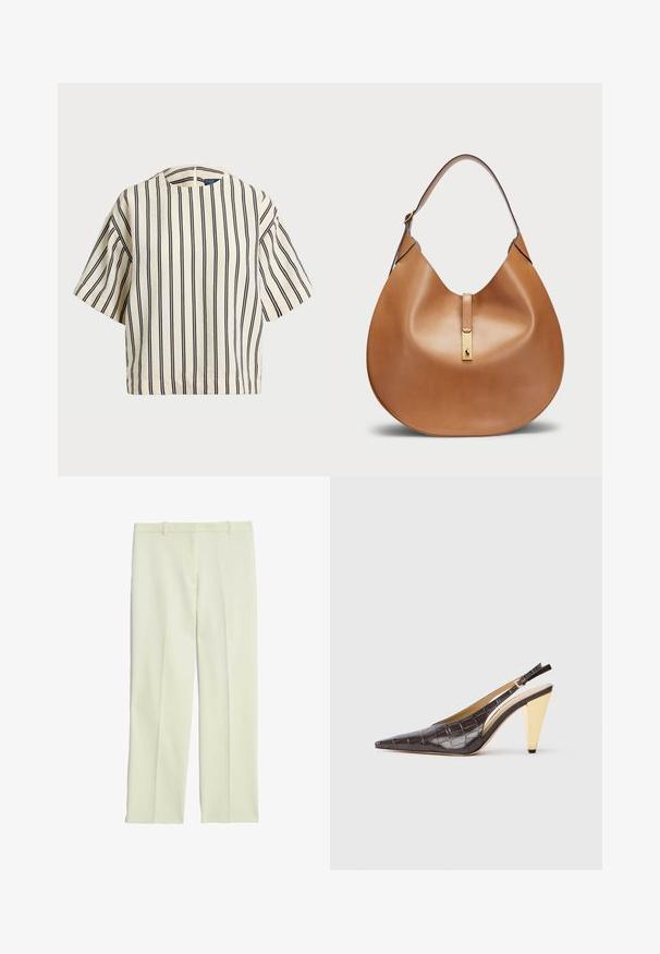 T-shirt à manches courtes, rayé crème et marine, présentant un col rond et un design boxy avec un tissu texturé.; Pantalons ajustés de couleur crème avec une coupe droite, présentant un devant plat, des passants de ceinture et une texture lisse.; Talons slingback à bout pointu en simili cuir crocodile marron foncé brillant. Présente un talon géométrique doré et une sangle ajustable à la cheville.; Sac à main en cuir tan avec une forme courbée et une large bandoulière. Présente un accent en métal doré au centre et une texture lisse.