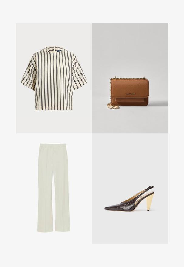 Top de manga corta a rayas en crema y azul marino, con cuello redondo y un diseño cuadrado, confeccionado en una tela texturizada.; Pantalones de un beige claro, fabricados con un tejido suave, que presentan un diseño de pierna recta, pliegue en la parte delantera y una cintura estándar con trabillas para cinturón.; Zapatos de tacón tipo slingback de punta afilada en imitación de cocodrilo brillante de color marrón oscuro. Presenta un tacón geométrico en tono dorado y una correa ajustable en el tobillo.; Bolso crossbody de cuero texturizado marrón con correa de cadena dorada y cierre de solapa. La parte frontal presenta un detalle de logo y un bolsillo debajo de la solapa.