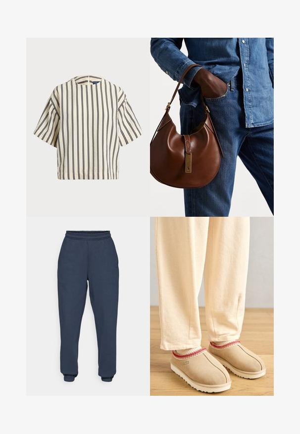 Short-sleeve, striped top in cream and navy, featuring a round neckline and boxy design with a textured fabric.; Navy blue sweatpants made of soft, textured fabric, featuring an elastic waistband, tapered cuffs, and a subtle logo on the left thigh.; Tan suede clogs with a red decorative trim and white rubber sole, paired with light beige pants, set on a wooden floor.; Brown leather hobo bag with a rounded shape, featuring a gold hardware accent and contrast stitching. Paired with a denim shirt and jeans.