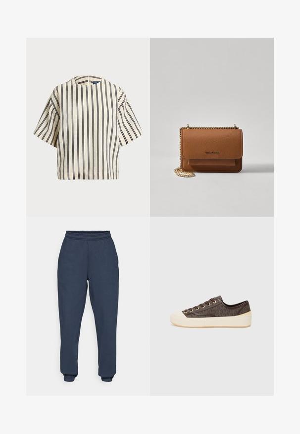 Kreminės ir tamsiai mėlynos juostelės trumpų rankovių marškinėliai, turi apvalų iškirpimą ir dėžutės tipo dizainą, pagaminti iš tekstūruotos medžiagos.; Tamsiai mėlyni sportiniai kelnių pagaminti iš minkštos, tekstūruotos medžiagos, turintys elastingą juosmenį, siaurėjančius rankoves ir subtilų logotipą kairiajame šlaunyje.; Rudi raštuoti kanvos sportbačiai su auksiniais akių skylutėmis, raištelių uždarymu ir balta guma toe kapas ir padas. Su tekstūruota apdaila.; Ruda tekstūruota odinė per petį nešama rankinė su auksiniu grandininiu dirželiu ir užlenkiamo užsegimo. Priekinėje pusėje yra logotipo detalė ir kišenė po užlenkimu.