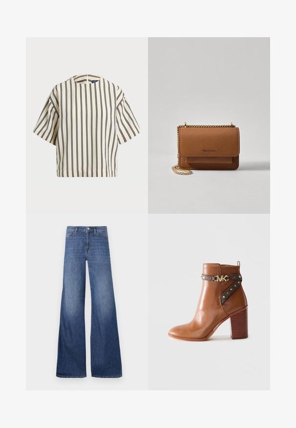 Kratki rukavi, prugasti top u krem i tamnoplavoj boji, sa okruglim izrezom i kutijastim dizajnom od teksturirane tkanine.; Džins hlače širokih nogavica u srednje plavoj boji, s pet džepova, petljama za remen i kopčanjem na dugme. Glatka tekstura s blagim izbljedjenjem.; Smeđe kožne čizme do gležnja s blok petom, bočnom trakom koja ima zlatne studove i zlatnu kopču s "MK" logom.; Smeđa kožna torba preko tijela s teksturom, zlatnim lančićem i preklopom na zatvaranju. Na prednjoj strani nalazi se detalj s potpisom i džep ispod preklopa.