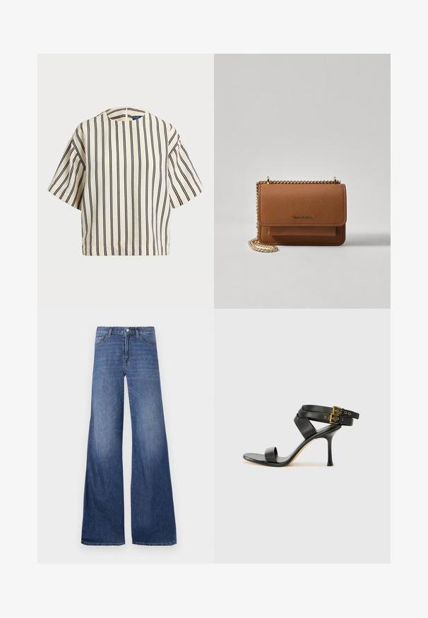 Kratki rukavi, prugasti top u krem i tamnoplavoj boji, sa okruglim izrezom i kutijastim dizajnom od teksturirane tkanine.; Džins hlače širokih nogavica u srednje plavoj boji, s pet džepova, petljama za remen i kopčanjem na dugme. Glatka tekstura s blagim izbljedjenjem.; Crne sandale s petom sa preklapanim trakama i podesivim kopčanjem. Imaju glatku teksturu i suženi stiletto potplat.; Smeđa kožna torba preko tijela s teksturom, zlatnim lančićem i preklopom na zatvaranju. Na prednjoj strani nalazi se detalj s potpisom i džep ispod preklopa.
