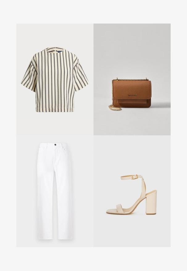 Top de manga curta, riscado em creme e azul marinho, com decote redondo e design boxy em tecido texturizado.; Calças de ganga largas brancas, com fecho por botão, bolsos frontais e um design limpo, sem padrões ou detalhes visíveis.; Sandalha de salto alto bege com bico quadrado, tira fina no tornozelo e salto bloco. Textura de couro suave com detalhe de fivela dourada.; Bolsa crossbody de couro texturizado castanho com alça de corrente dourada e fecho com aba. A parte da frente apresenta detalhe do logótipo e um bolso sob a aba.