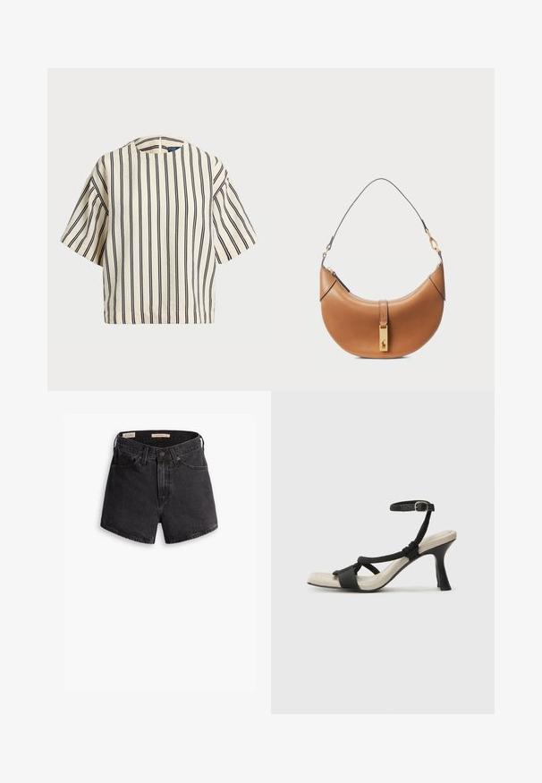 Top a maniche corte a righe in crema e blu navy, con scollatura rotonda e design squadrato, realizzato in un tessuto texturizzato.; Shorts in denim nero a vita alta, con chiusura con bottone frontale, quattro tasche e una finitura leggermente consumata.; Sandal con tacco nero e design con cinturino intrecciato, punta quadrata e cinturino alla caviglia regolabile. Soletta beige chiaro con tacco nero lucido.; Borsa a tracolla in pelle color nocciola con forma curva, hardware dorato e tracolla sottile. Presenta una chiusura con zip e dettagli con logo sulla parte anteriore.