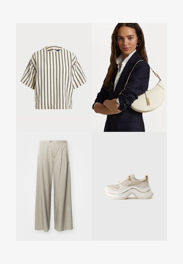 Kratek rokav, prugast top v kremni in mornarsko modri barvi, z okroglim izrezom in kvadratnim dizajnom ter teksturirano tkanino.; Svijetlosive široke hlače, koje imaju teksturirani materijal, nabore sprijeda i jedan gumb za zatvaranje u struku.; Bež in zlati platformni športni copat z vzorcem "MK", zvezanjem spredaj, zlatim obeskom in debelim valovitým podplatom na enobarvnem ozadju.; Bela usnjena torbica s ukrivljeno obliko, z zlatimi dodatki in teksturirano površino, nošena čez temen blazer in belo srajco.