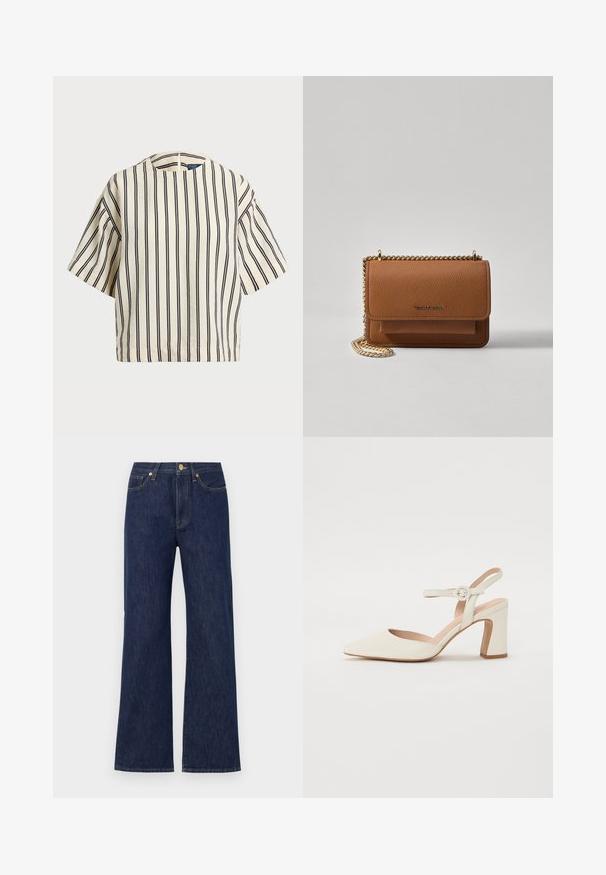 Krátky rukáv, pruhovaný top v krémovej a námorníckej modrej farbe, s okrúhlym výstrihom a štvorcovým strihom z texturovanej tkaniny.; Tmavomodré široké nohavice vyrobené z džínoviny. Obsahujú zapínanie na gombík, predné vrecká a kontrastné stehy. Čistý, klasický dizajn.; Členkové lodičky v krémovej farbe s podpätkom v tvare bloku. Majú tenký remienok okolo členka s okrúhlou prackou a hladkú koženú textúru.; Hnedá textúrovaná kožená taška cez telo s zlatým reťazovým popruhom a preklopným uzáverom. Predná strana obsahuje detail s logom a vrecko pod preklopkou.