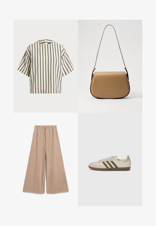 Kurzärmliges, gestreiftes Oberteil in Creme und Marineblau, mit rundem Halsausschnitt und kastiger Form aus strukturiertem Stoff.; Beige weite Hosen mit elastischem Bund und Kordelzug. Weicher Stoff, glatte Textur und lässige Passform mit seitlichen Taschen.; adidas Originals SAMBA OG UNISEX - Sneaker low - alumina/medium dark khaki/gum; Helle Leder-Crossbody-Tasche mit einer geschwungenen Form, goldenen Hardware-Akzenten und einem schmalen dunklen Tragegurt. Glatte Textur mit Nähdetails.