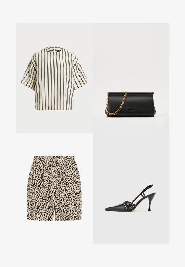 Kurzärmliges, gestreiftes Oberteil in Creme und Marineblau, mit rundem Halsausschnitt und kastiger Form aus strukturiertem Stoff.; Beige Shorts mit Leopardenmuster in Schwarz und Braun. Mit einem elastischen Bund und einer Kordel zum Verstellen. Hergestellt aus leichtem Material.; Schwarze Leder-Slingback-Pumps mit spitzem Zehenbereich, über Kreuz verlaufendem Riemendesign und schmalem Stiletto-Absatz. Glatte Oberfläche und minimalistische Akzente.; Schwarze Leder-Clutch mit einer goldenen Ketten-Trage, die eine glatte Oberfläche, rechteckige Form und geprägtes Branding auf der Vorderseite aufweist.