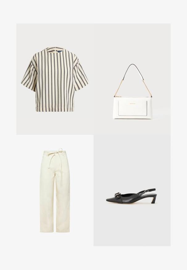 Krátky rukáv, pruhovaný top v krémovej a námorníckej modrej farbe, s okrúhlym výstrihom a štvorcovým strihom z texturovanej tkaniny.; Krémové široké nohavice s nastaviteľným pásom, dvoma bočnými vreckami a mäkkou, textúrovanou látkou.; Čierne kožené sandále s úzkym prstom, malým opätkom a dekoratívnou sponou na vrchnej časti. Hladká textúra, minimalistický dizajn.; Biele kožené kabelka s textúrovaným povrchom, ktorá má zlatý retiazkový popruh a čierne akcenty. Obsahuje prednú kapsu a zipsové zapínanie.