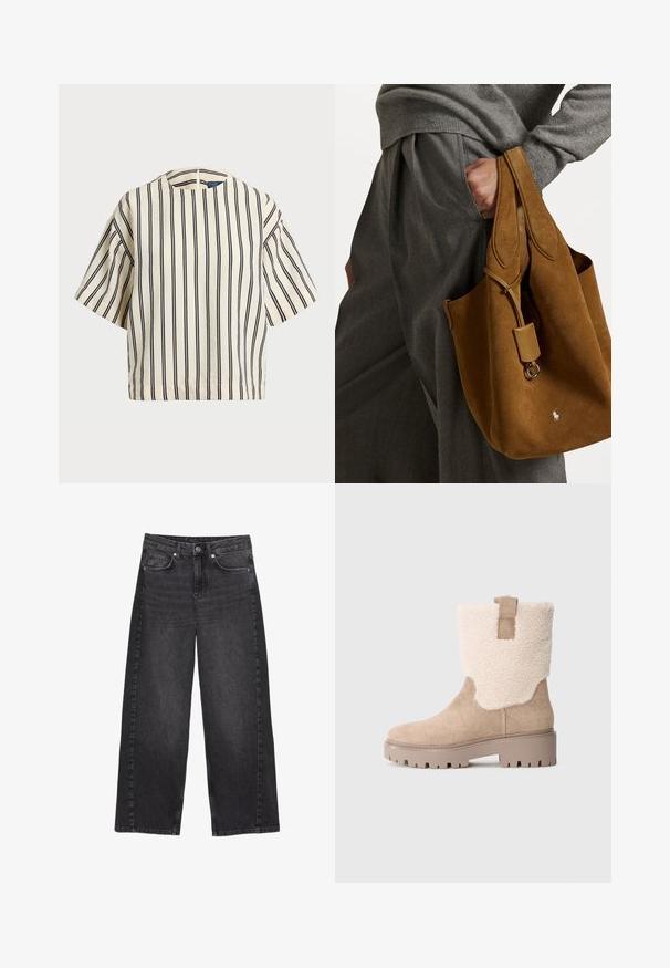 Krótki rękaw, paskowana bluzka w kolorze kremowym i granatowym, z okrągłym dekoltem i pudełkowym krojem, wykonana z fakturowanej tkaniny.; Dżinsy czarne, o wysokim stanie i szerokich nogawkach, z lekko wyblakłym wykończeniem. Posiadają zapięcie na guzik z przodu oraz pięć kieszeni, z widocznymi detalami przeszyć.; Beżowy zamszowy botek o średniej wysokości z grubą gumową podeszwą, wyściółką z owczej wełny na mankiecie i pętlą do zakładania, na neutralnym szarym tle.; Brązowa torebka typu tote z zaokrąglonym kształtem, podwójnymi uchwytami i metalowym akcentem. Z przodu znajduje się małe logo.