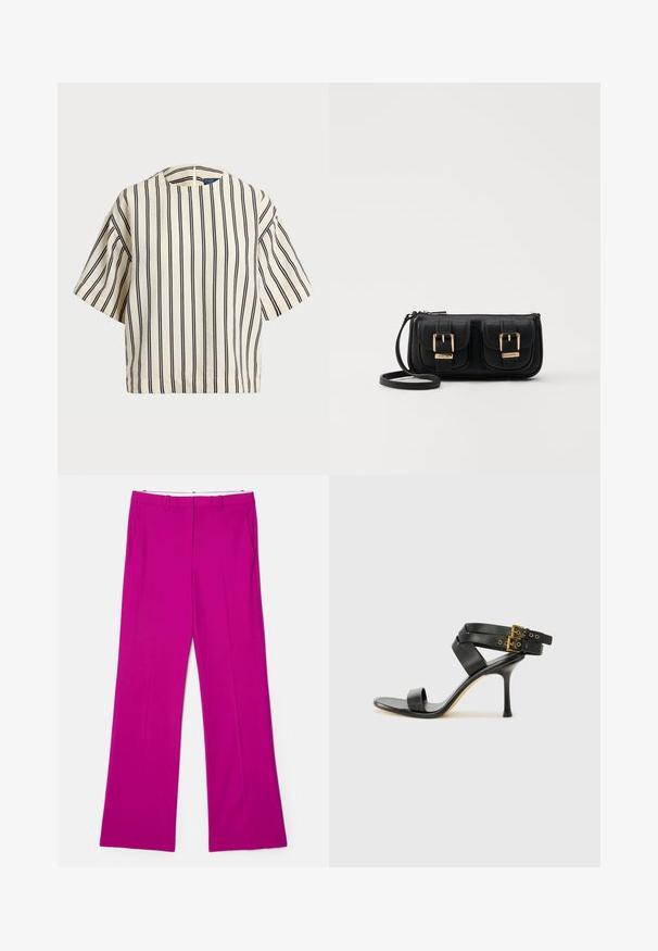 Krótki rękaw, paskowana bluzka w kolorze kremowym i granatowym, z okrągłym dekoltem i pudełkowym krojem, wykonana z fakturowanej tkaniny.; Fuksjowe spodnie o szerokich nogawkach z gładką fakturą, z kieszeniami z przodu i dopasowanym krojem dla uzyskania zorganizowanego wyglądu.; Czarne sandały na obcasie z krzyżującymi się paskami i regulowanym zapięciem. Charakteryzują się gładką teksturą i zwężanym obcasem w kształcie szpilki.; Czarna skórzana torba na ramię z dwoma przednimi kieszeniami, złotymi klamrami, zamkiem błyskawicznym i cienkim paskiem. Teksturowana powierzchnia i kompaktowy prostokątny kształt.