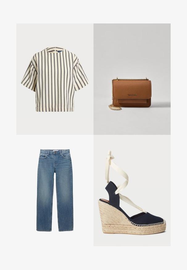Cămașă cu mâneci scurte, cu dungi în nuanțe de crem și bleumarin, având un decolteu rotund și un design dreptunghiular dintr-un material texturat.; Jeans din denim albastru deschis cu croială dreaptă, cinci buzunare și accesorii de nuanță cupru. Materialul are o ușoară decolorare și o textură netedă.; Sandale pe o platformă din pânză bleumarin cu talpă din sfoară de espadrilă și fundițe crem la glezne. Design cu toc închis și vârf rotund.; Geantă crossbody din piele texturată maro, cu curea din lanț aurit și închidere cu clapetă. Partea din față prezintă detalii cu logo și o buzunar sub clapetă.