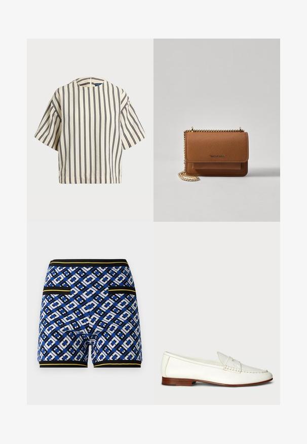 Kreklus, svītrainā blūze ar īsām piedurknēm, krēmkrāsā un tumši zilā tonī, ar apaļu apkakli un kvadrātveida dizainu, izgatavota no teksturētas auduma.; Adītie šorti ar rakstu, kas izceļas ar zilu, melnu un baltu ģeometrisku dizainu, ar kontrastējošiem dzelteniem akcentiem un sānu kabatām.; Baltas ādas loafers ar teksturētu virsmu, noapaļotu pirkstu daļu un austiem akcentiem. Zems koka papēdis un minimālisma dizains.; Brūna teksturēta ādas plecu soma ar zelta ķēdes siksnu un atloka aizdari. Priekšpusē ir logotipa detaļa un kabata zem atloka.