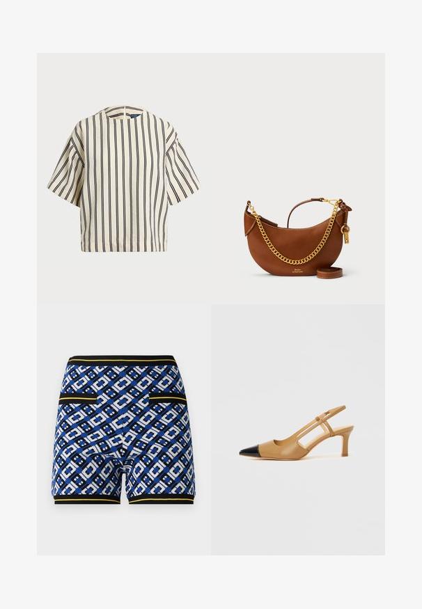 Short-sleeve, striped top in cream and navy, featuring a round neckline and boxy design with a textured fabric.; Knit patterned shorts featuring a blue, black, and white geometric design, with contrasting yellow accents and pockets on the sides.; Tan slingback heels with a pointed black toe cap, featuring cut-out sides and a mid-height block heel. Smooth leather material.; Brown leather handbag with a curved design, gold chain strap, interior pocket, and a detachable shoulder strap. Features contrasting stitching.