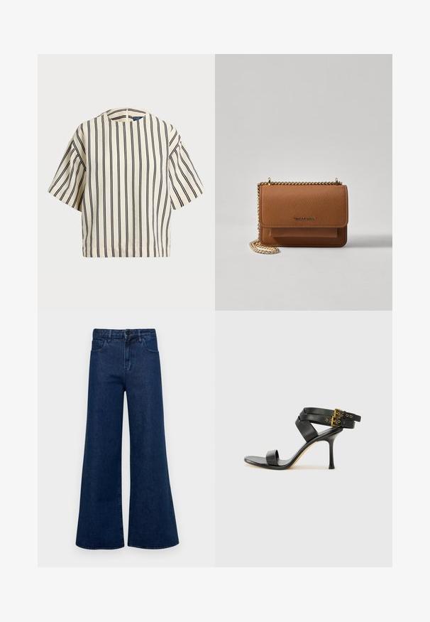 Short-sleeve, striped top in cream and navy, featuring a round neckline and boxy design with a textured fabric.; Dark blue wide-leg jeans featuring a high waist, two front pockets, and a button closure, made from denim with a smooth texture.; Black heeled sandal with crossed straps and adjustable buckle. Features a smooth texture and tapered stiletto heel.; Brown textured leather crossbody bag with gold chain strap and flap closure. Front features logo detail and a pocket under the flap.
